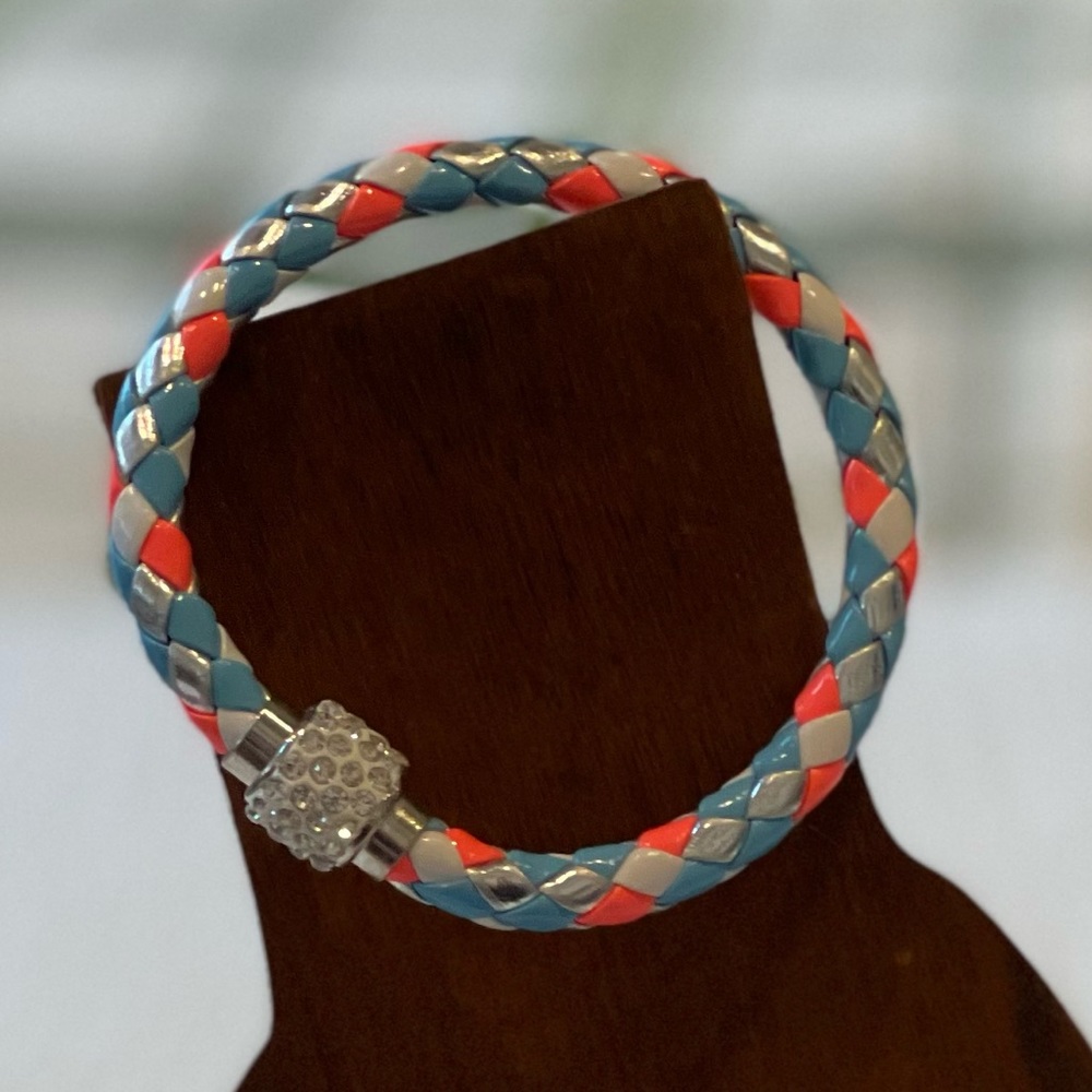 Blue silver peach Braided leather bracelet rhinestone magnetic closure